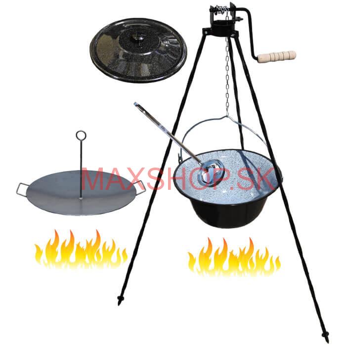 Smaltovaný kotlík 16 L (1,2 mm) + panvica na grilovanie a stojan s kladkou VAR