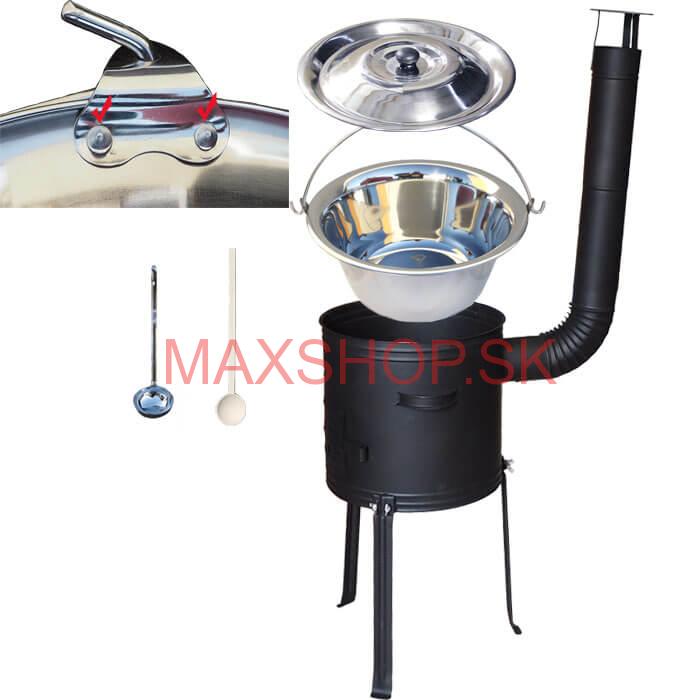 Antikorový kotlík 20 L (0,8 mm) zosilnený s nitmi + kovová kotlina s vysokými nožičkami 42, žiaruvzdorná farba Plus 700 + vareška a naberačka