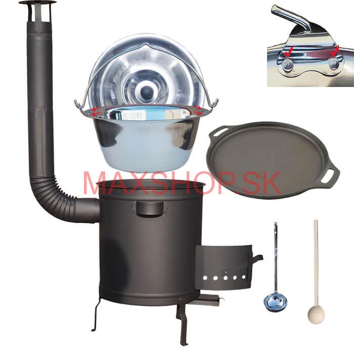 Nerezový kotlík 20 L (0,8 mm) zosilnený s nitmi + Liatinová panvica 43 cm + hrubostenná (1,5 mm) a žiaruvzdorná kotlina 42 PLUS 600