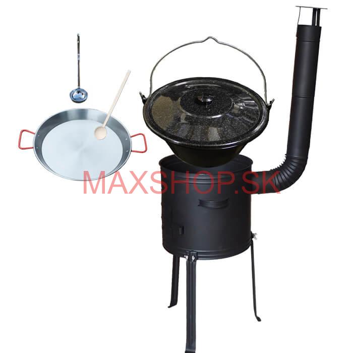 Smaltovaný kotlík 20 L + Paella panvica 46 cm + kovová kotlina s vysokými nožičkami 42 cm, žiaruvzdorná farba Plus 700