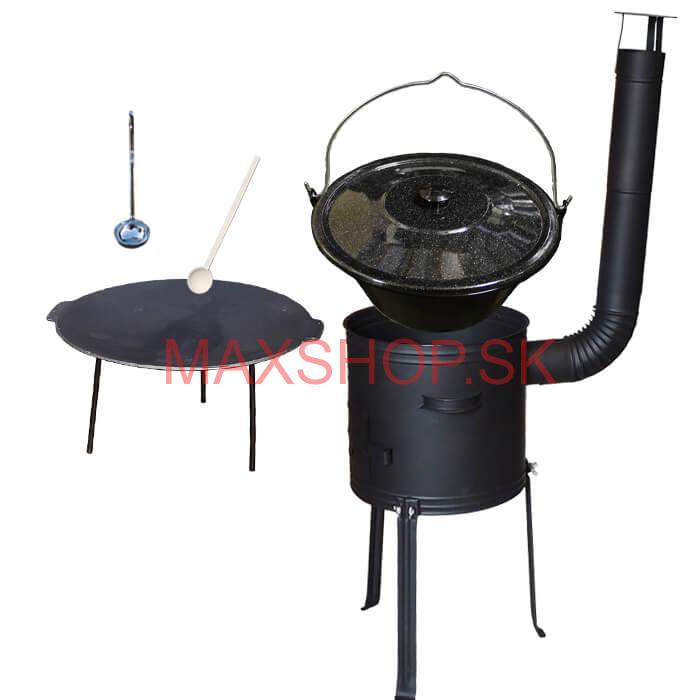 Smaltovaný kotlík 25 L + Liatinová panvica 45 cm + kovová kotlina s vysokými nožičkami 42 cm, žiaruvzdorná farba Plus 700