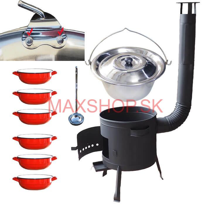 Nerezový kotlík 15 L (0,8 mm) s nitmi INOX + selské misky 6 ks + nízka žiaruvzdorná kotlina 36 cm PLUS 600