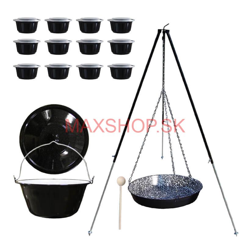 Smaltovaný kotlík 30 L + panvica na grilovanie + teleskopická trojnožka + misky 12 ks