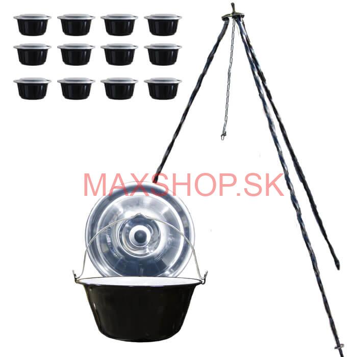 Smaltovaný kotlík 13 L + pokrievka + stojan + misky 12 ks