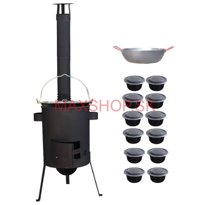 Smaltovaný kotlík 22 L + Panvica PAELLA (WOK) 45 cm + misky 12 ks + žiaruvzdorná kotlina 42 PLUS 600 s roštom na popol 4 mm