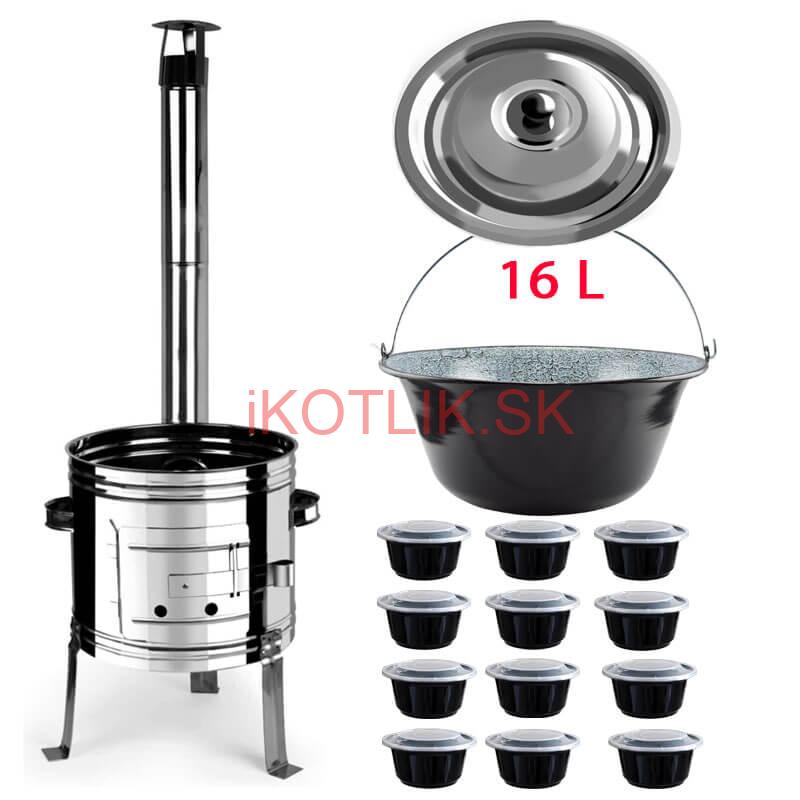 Smaltovaný kotlík 16 L + nerezová kotlina 39 INOX + misky 12 ks