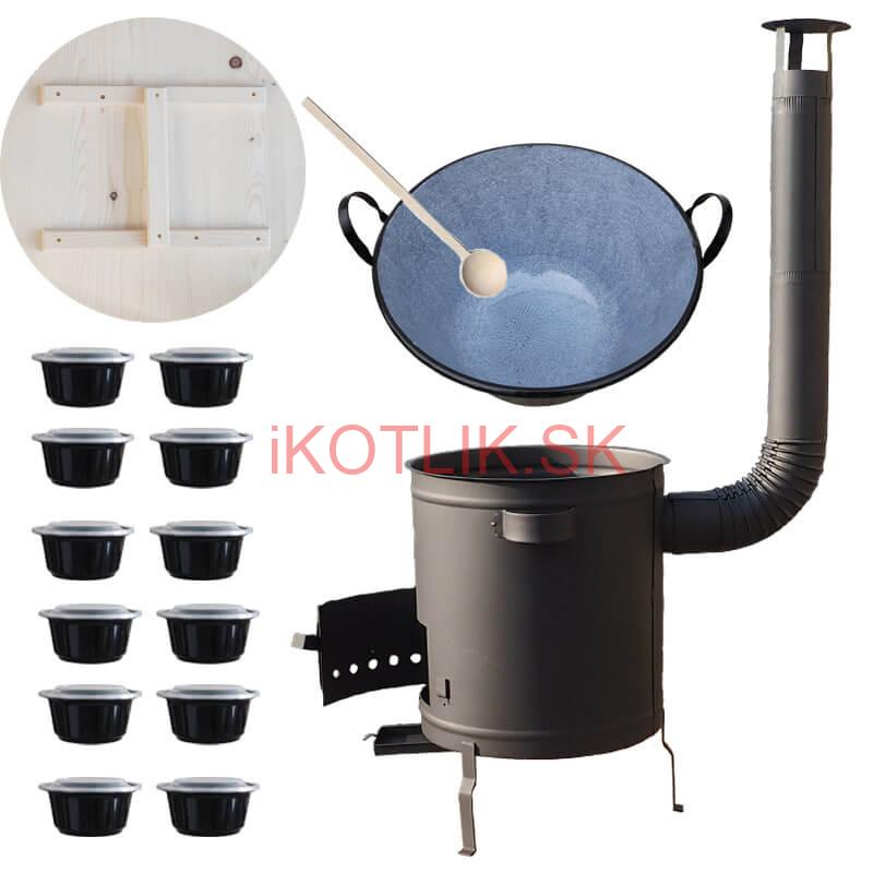 Smaltovaný kotol 100 L + hrubostenná kotlina 60 cm (1,5 mm) STRONG PLUS 600 + misky 12 ks