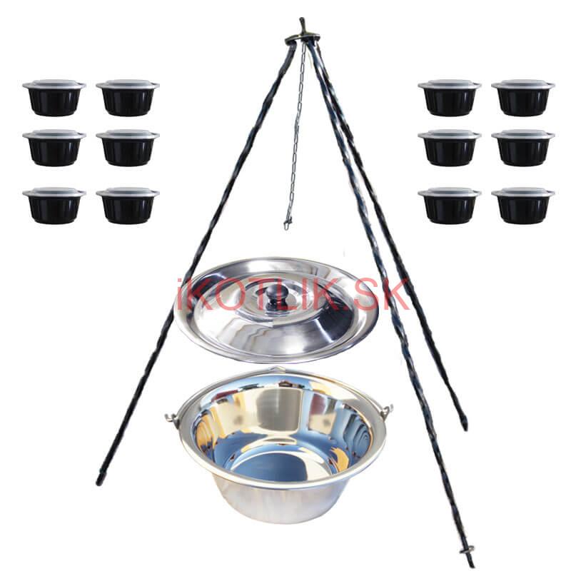 Nerezový kotlík 8 L (0,8 mm) + antikorová pokrievka + stojan + misky 12 ks