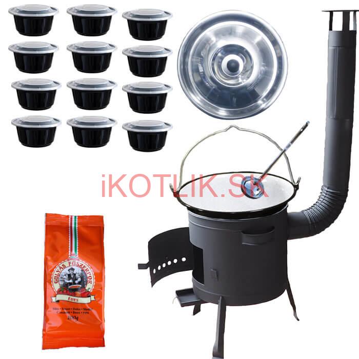 Smaltovaný kotlík 25 L (1,2 mm) + pokrievka + misky 12 ks + nízka žiaruvzdorná kotlina (0,8 mm) 42 PLUS 600
