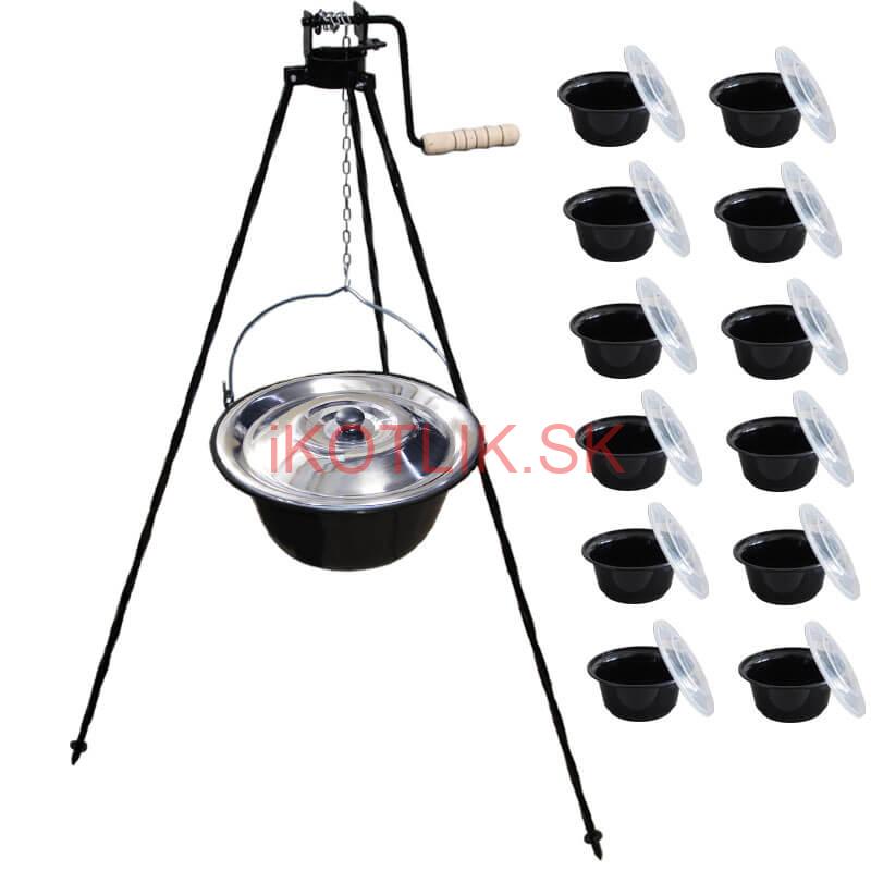 Smaltovaný kotlík 20 L + stojan s kladkou VAR + misky 12 ks