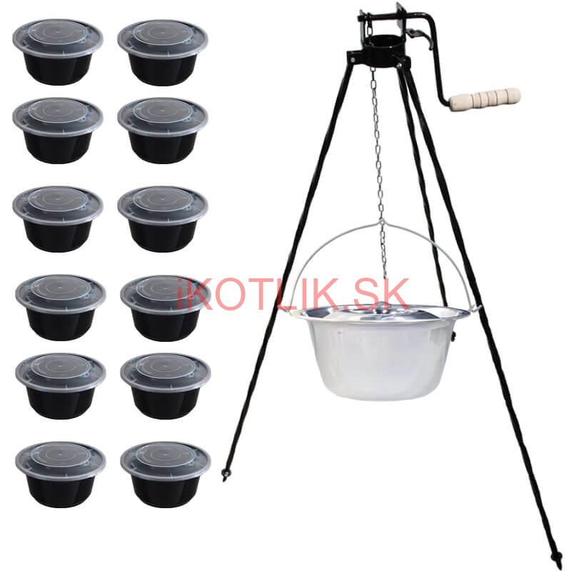 Nerezový kotlík 14 L (0,8 mm) INOX+ stojan s kladkou VAR + misky 12 ks