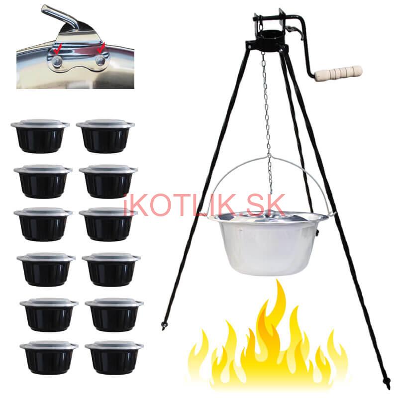 Antikorový kotlík 15 L (0,8 mm) s nitmi + stojan s kladkou VAR + misky 12 ks