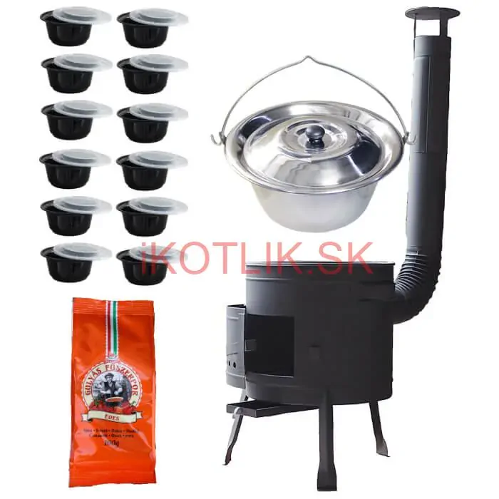 Nerezový kotlík 22 L (0,8 mm) INOX + hrubostenná (1,5 mm) žiaruvzdorná kotlina BALKY STRONG 42 PLUS 600 + misky 12 ks + paprikové korenie na guláš 100 g