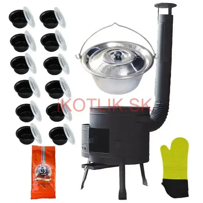 Nerezový kotlík 22 L (0,8 mm) + misky 12 ks + nízka žiaruvzdorná kotlina (0,8 mm) 42 PLUS 600