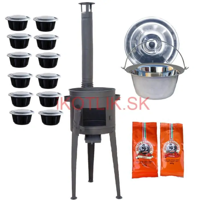 Nerezový kotlík 22 L (0,8 mm) INOX + vysoká žiaruvzdorná  kotlina 42 cm PLUS 600 + misky 12 ks + 2 x korenie na guláš 100 g