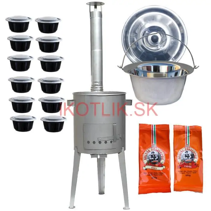 Nerezový kotlík 22 L (0,8 mm) INOX + nerezová kotlina 42 cm LUXUS + misky 12 ks + 2 x korenie na guláš 100 g