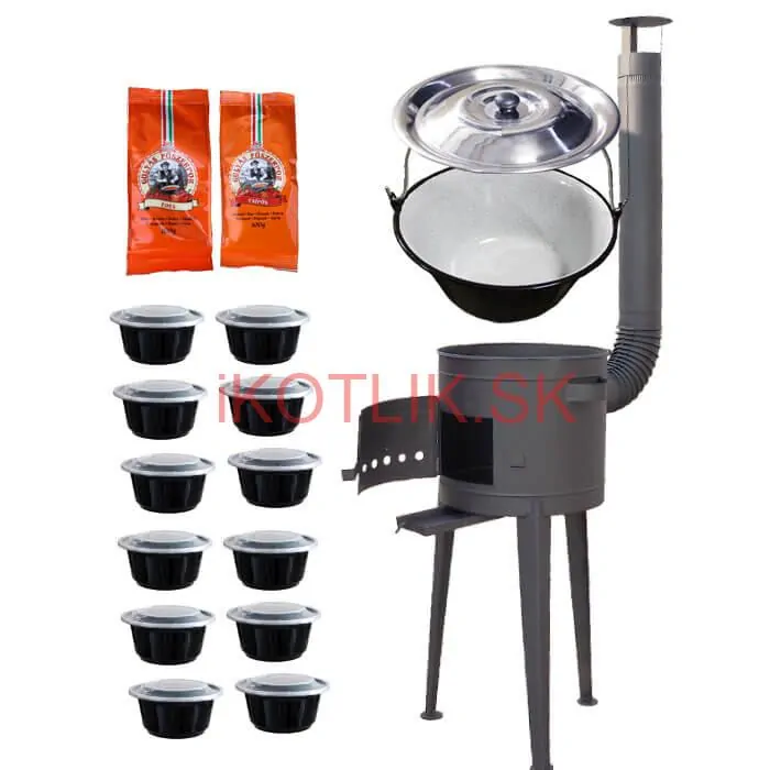 Smaltovaný kotlík 22 L (1,2 mm) + vysoká žiaruvzdorná kotlina (1,5 mm) HODO 42 cm PLUS 600 + misky 12 ks + 2 x korenie na guláš 100 g