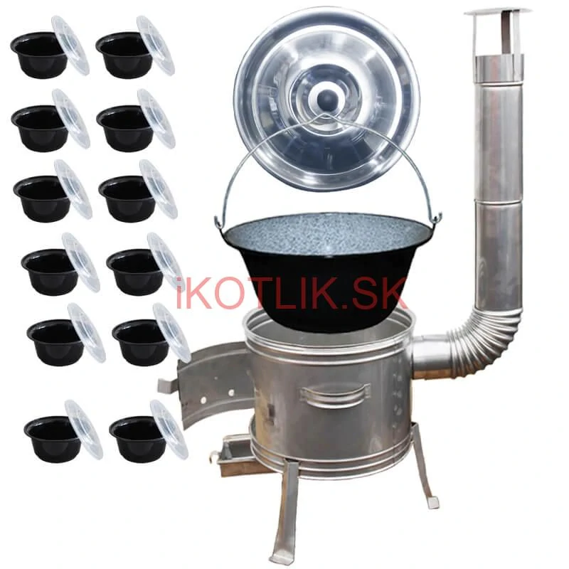 Smaltovaný kotlík 25 L + Nerezová kotlina 42 INOX + misky 12 ks