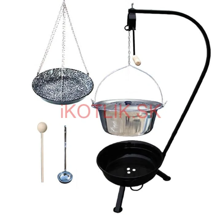 Nerezový kotlík 20 L (1,2 mm) INOX + smaltovaná panvica + ohnisko so stojanom a s poistnou kladkou VAR