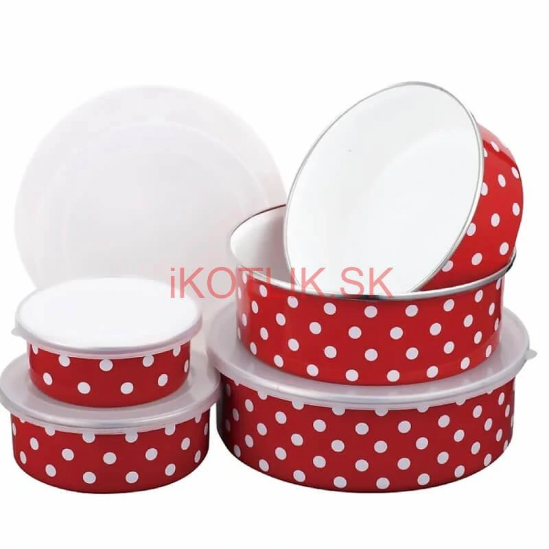 Smaltovaná sada 5 úložných dóz s bodkami