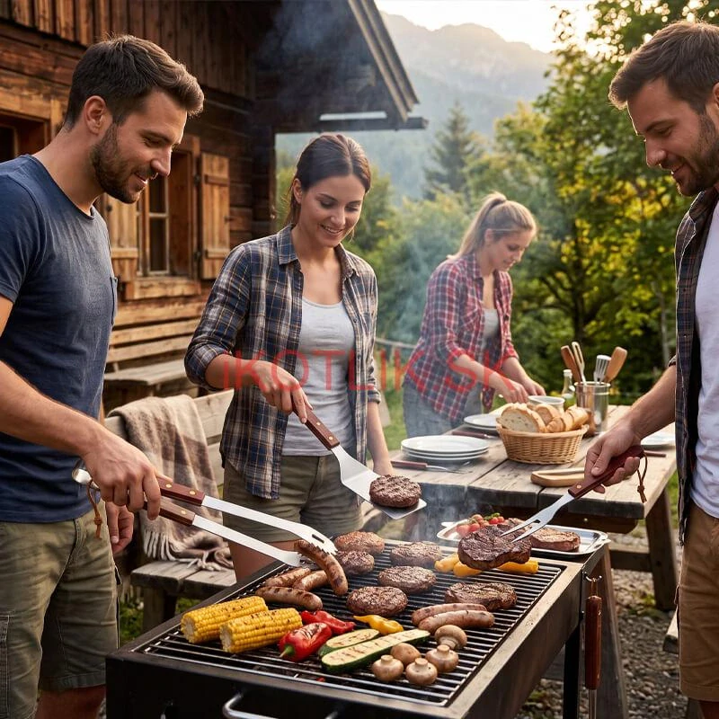 Grilovacie náradie BBQ – súprava 3 ks, nerez a drevo, 33 cm