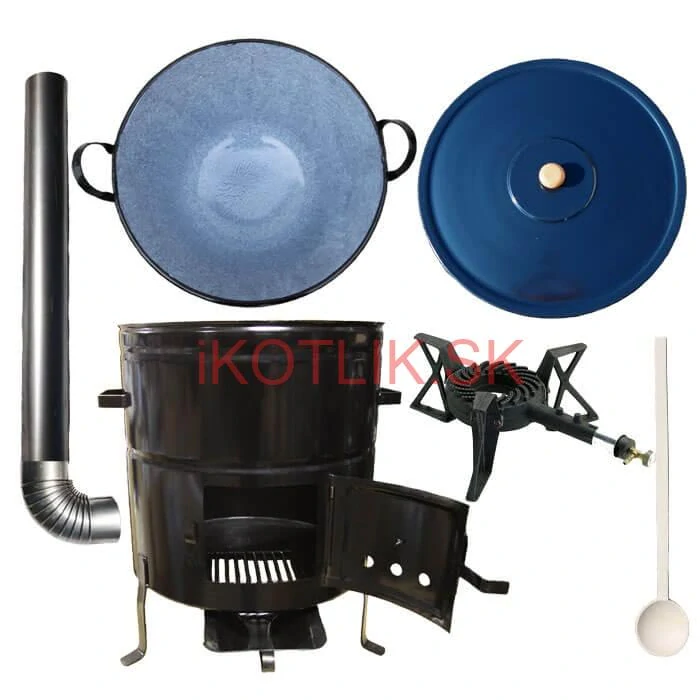 Zabíjačkový smaltovaný kotol 70 L + kovová kotlina 56 cm + horák 7 kW + dymovod